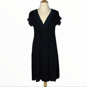 Honolua Wahine | Black Blue Embroidered V Neck Raw Edge Knit Dress S